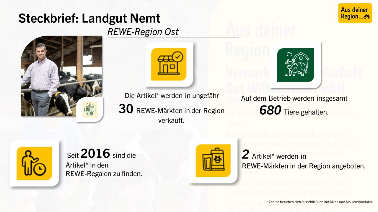 Infografik über Landgut Nemt in der REWE-Region Ost. Sie zeigt den Verkauf von 30 Produkten in etwa 30 REWE-Filialen, die Haltung von 680 Tieren und seit 2016 2 Produkte in regionalen REWE-Märkten. Enthält landwirtschaftsbezogene Symbole und Text in Deutsch.