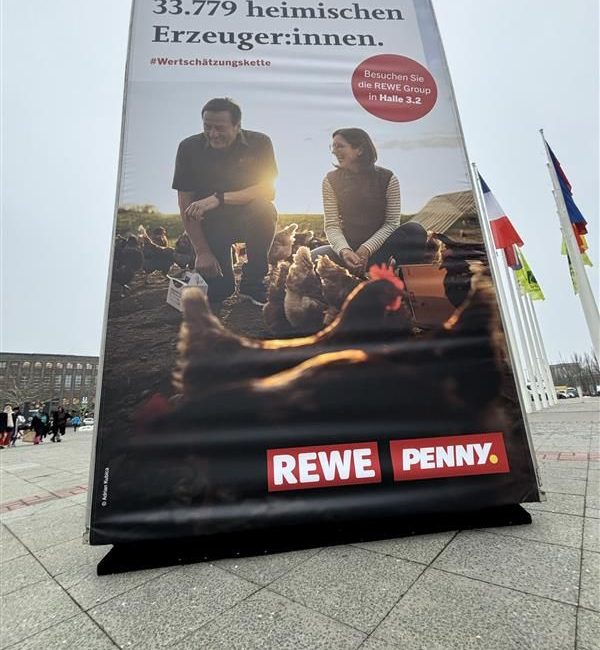 Ein großes Außenbanner zeigt einen Mann und eine Frau, die zwischen Hühnern auf einem Bauernhof sitzen. Der deutsche Text wirbt für lokale Produzenten. Am unteren Rand erscheinen die Logos von REWE und PENNY, ein Stadtbild, Fahnen und ein "Automatisch gespeicherter Entwurf".